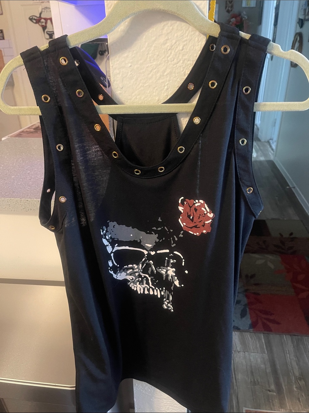 Black Sleeveless Skull Graphic Tank with Rose Accent
